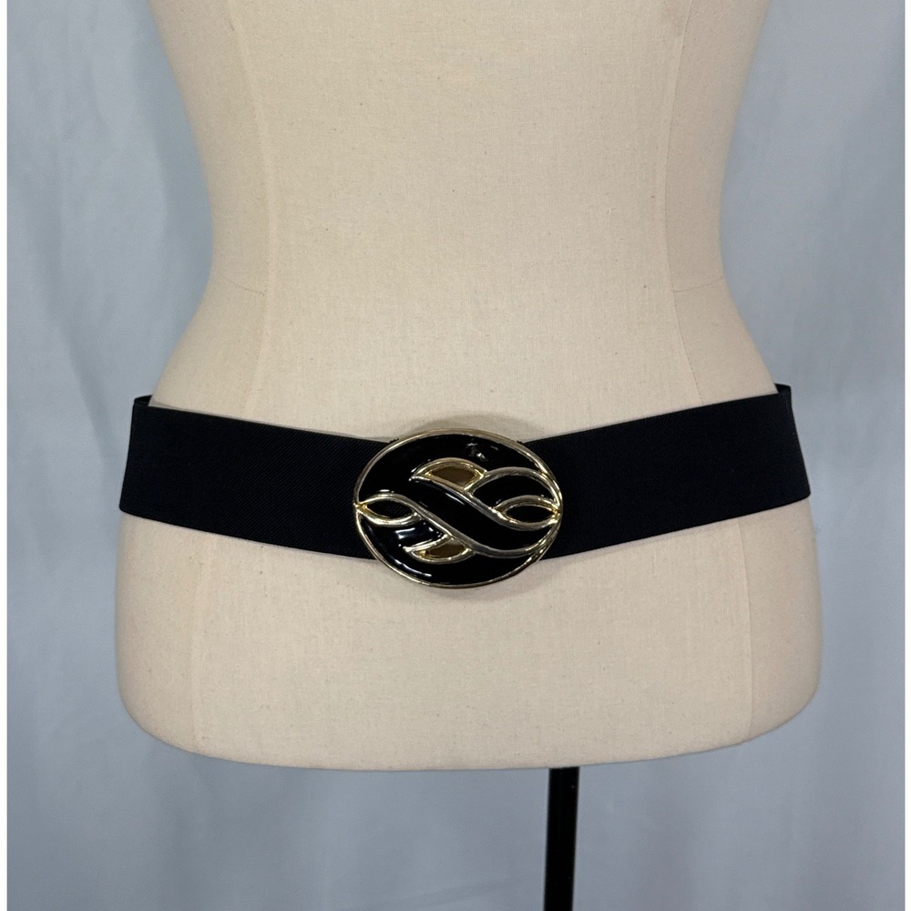 Vintage 80s Black Elastic Cinch Belt Gold Enamel Interlocking Buckle Large Swirl